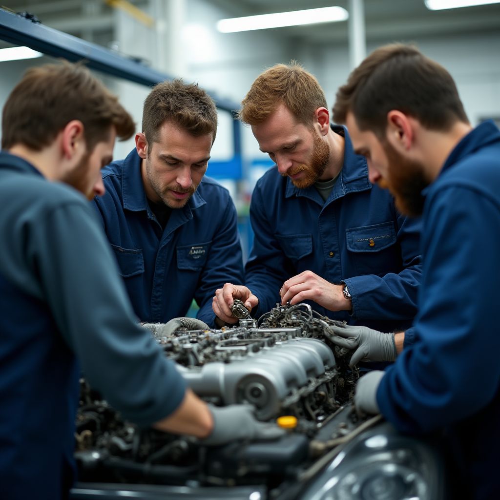 Tým mechaniků při práci demonstrující naše hodnoty